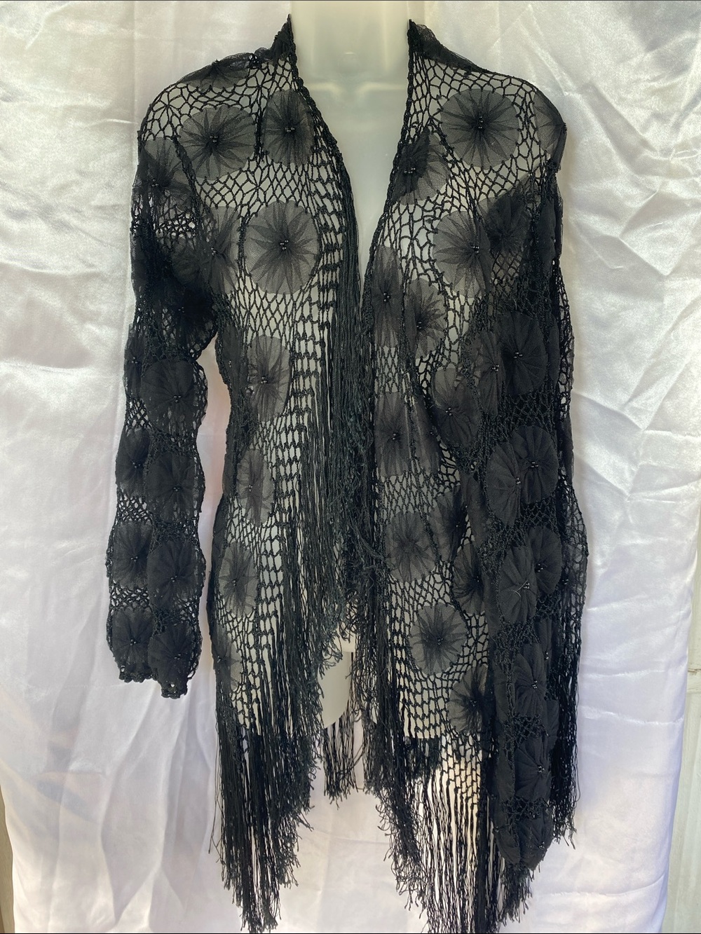 Black Crochet Fringe Kimono Cardigan
